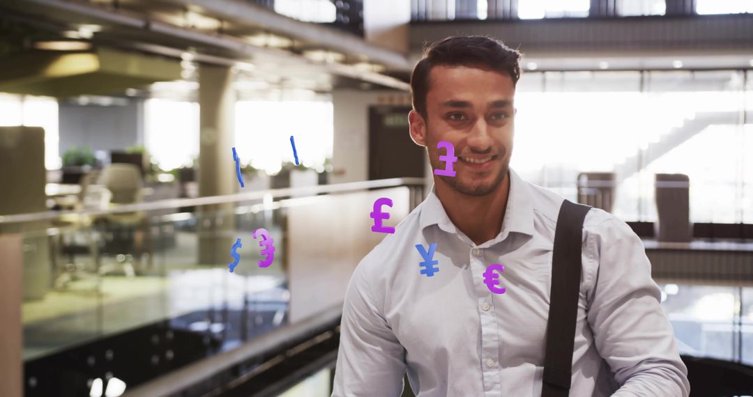 Confident Professional in Modern Atrium Surrounded by Currency Symbols