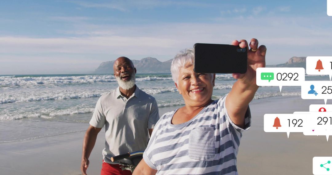 Sunlit Senior Couple Taking Beach Selfie with Smartphone and Social Media Notifications