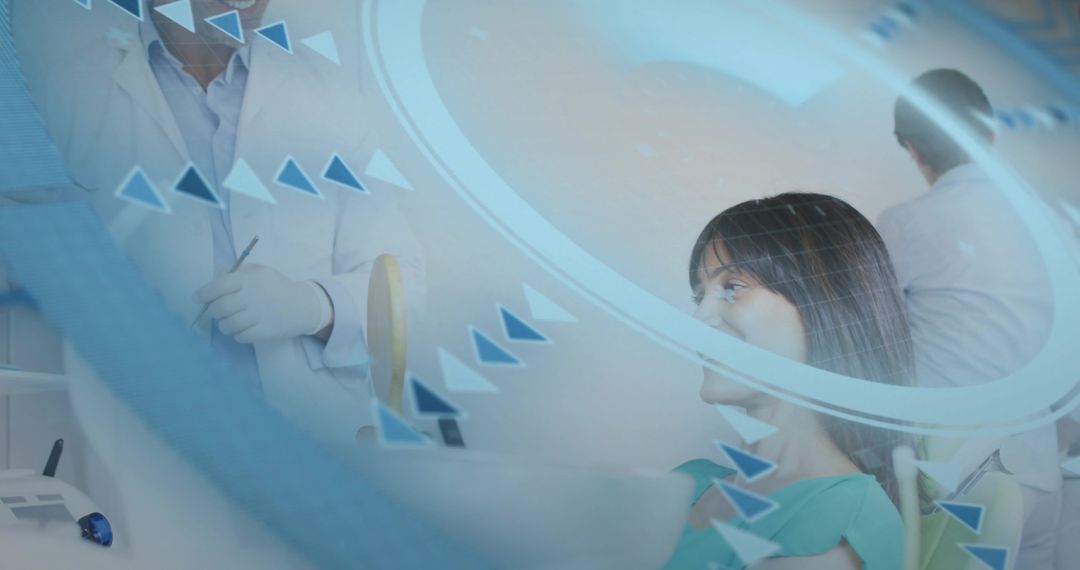 Dentist examining patient in dental chair with digital overlay depicting high-tech diagnostics