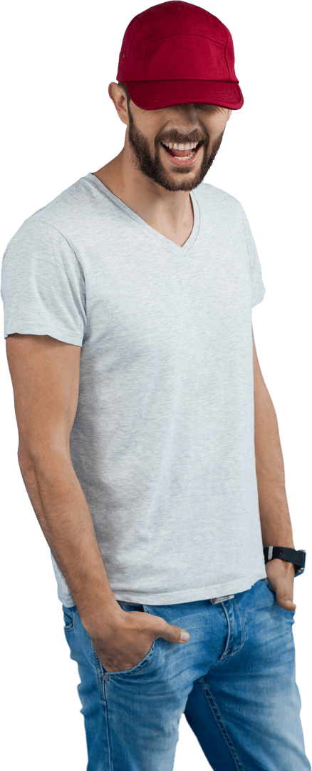 Smiling Caucasian Man Wearing Red Cap on Transparent Background