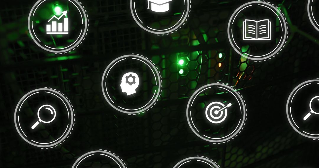 Digital Icons Projected Over Computer Server for Tech Innovation