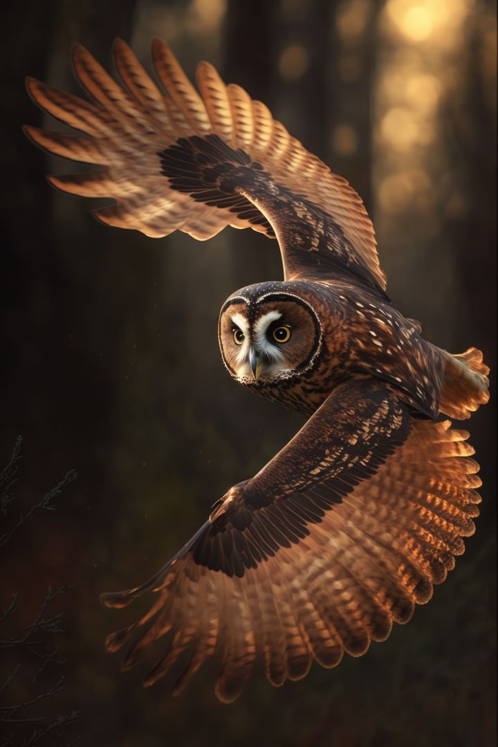 Close up of owl flying in forest, created using generative ai technology - Free Images, Stock Photos and Pictures on Pikwizard.com