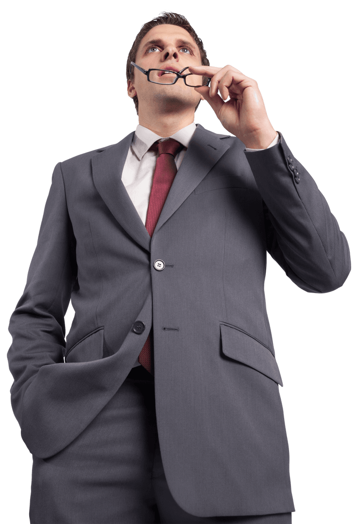 Transparent Businessman Holding Glasses in Thoughtful Pose