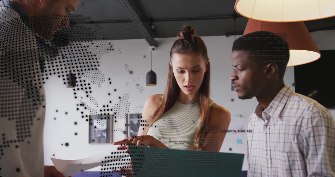 Business Team Analyzing Digital World Map in Modern Office