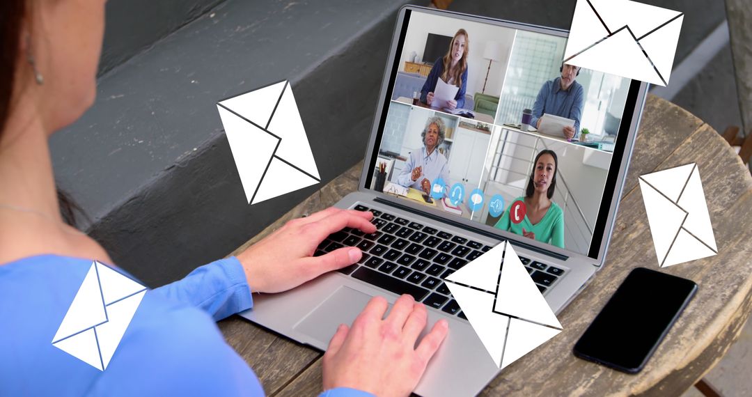 Woman Engaged in Virtual Meeting with Emails on Screen