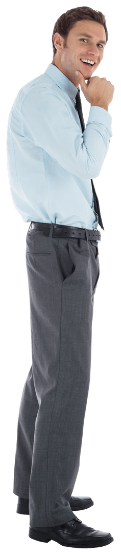 Transparent Businessman Deep in Thought and Smiling