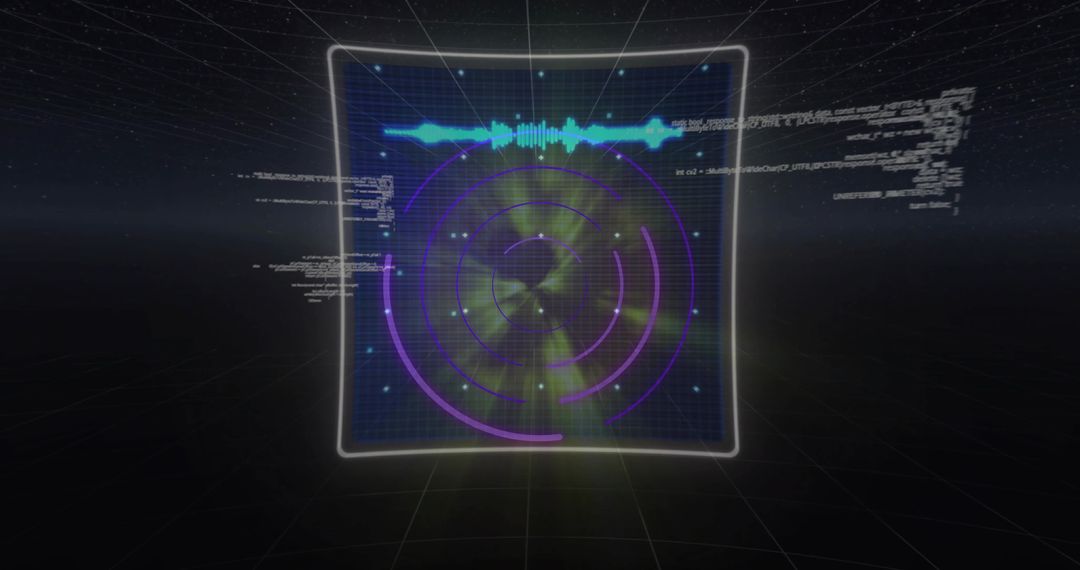 Futuristic holographic radar interface displaying neon waveform, concentric arcs, spatial grid