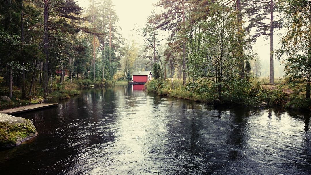 Serene Forest River With Red Cabin Reflections