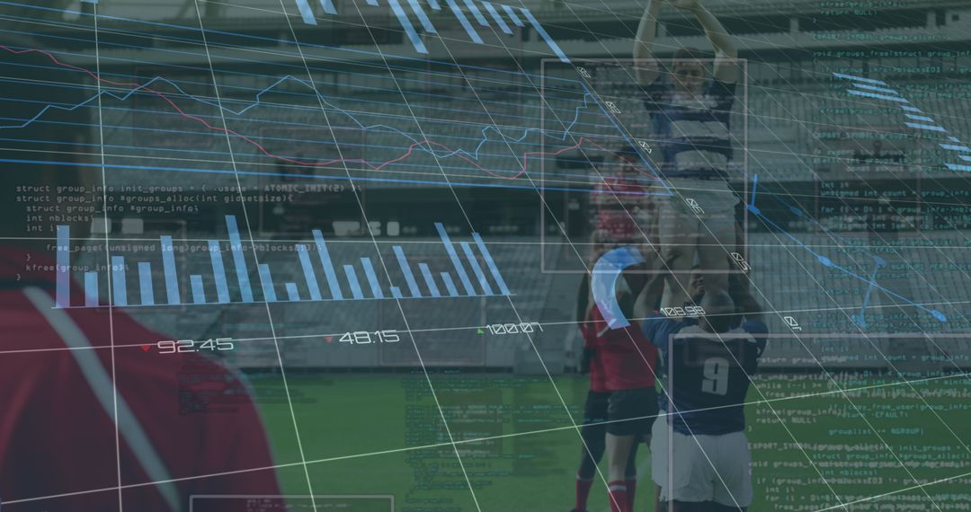 Rugby Match with Data Overlay Expressing Modern Analytics