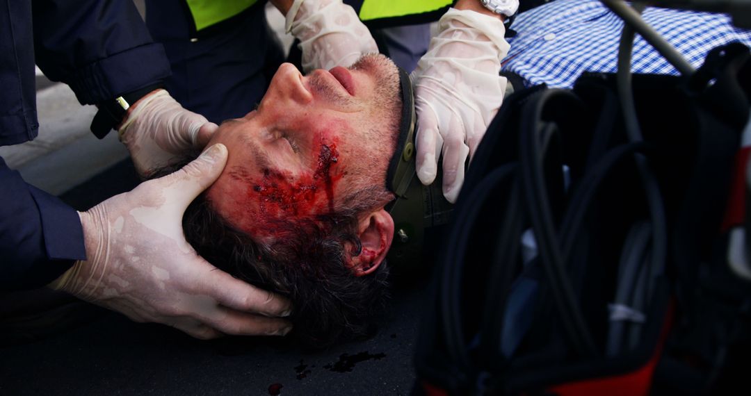 Paramedics Treating Injured Man with Head Wound on Street - Free Images, Stock Photos and Pictures on Pikwizard.com