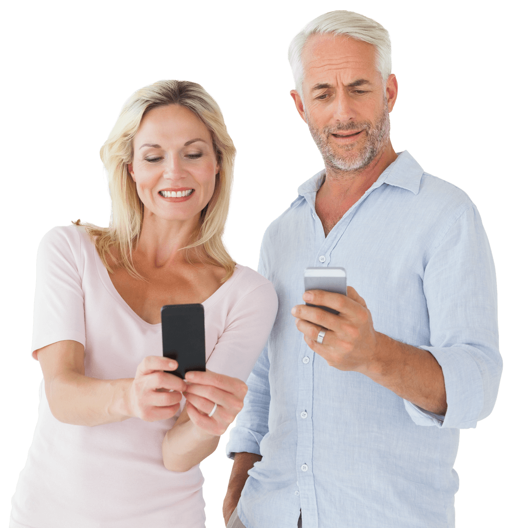 Senior Couple Enjoying Technology with Smartphones on Transparent Background