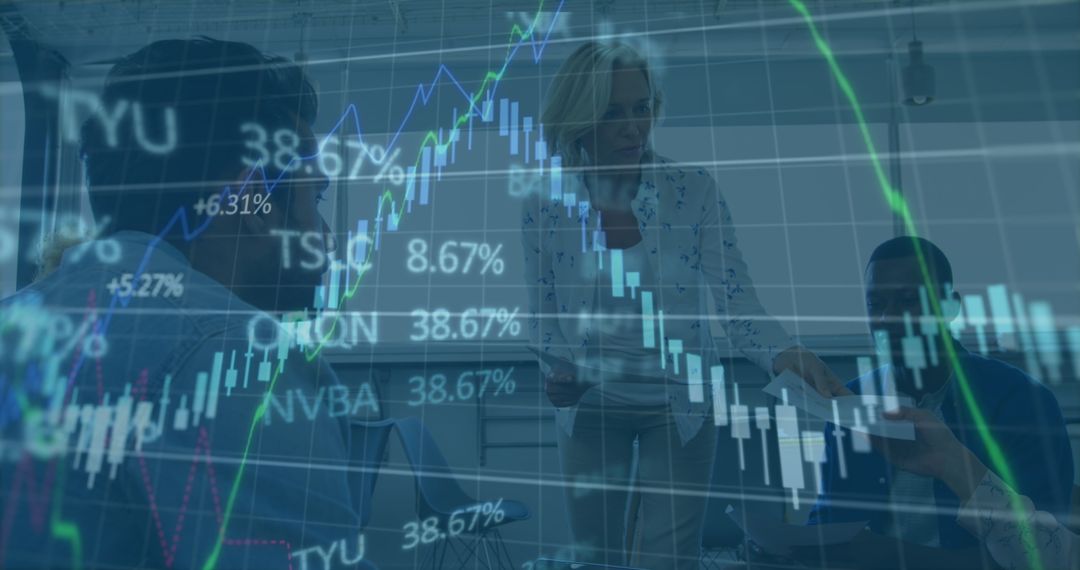 Financial Professionals Analyzing Data with Digital Interface Overlay