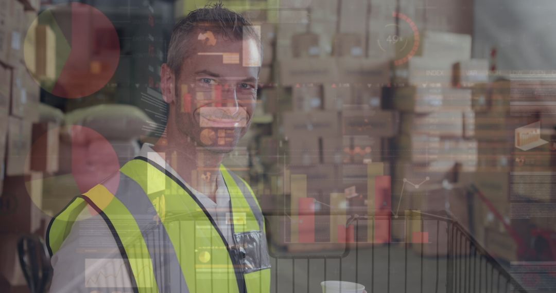 Warehouse Worker in Safety Vest Engaging with Logistics Charts