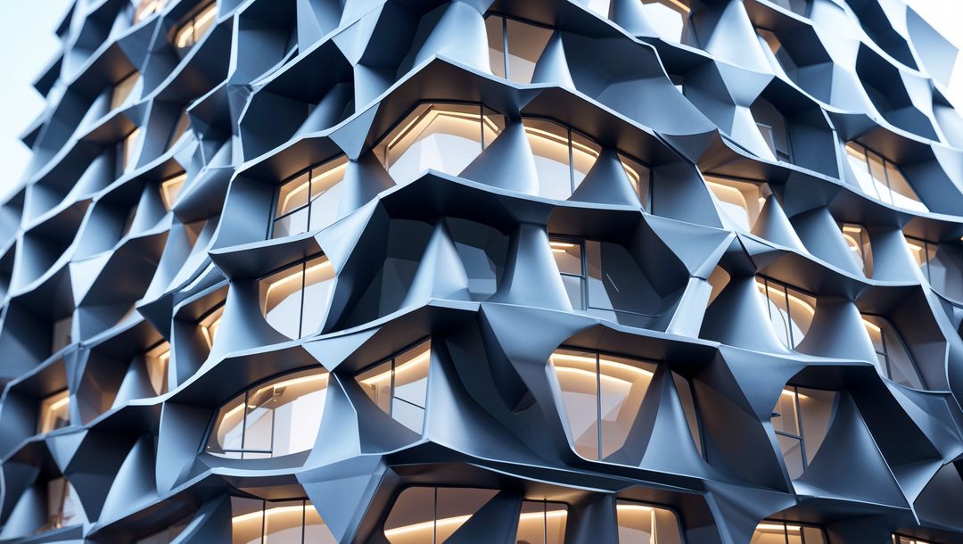 Futuristic Geometric Facade of Urban Building with Illuminated Windows