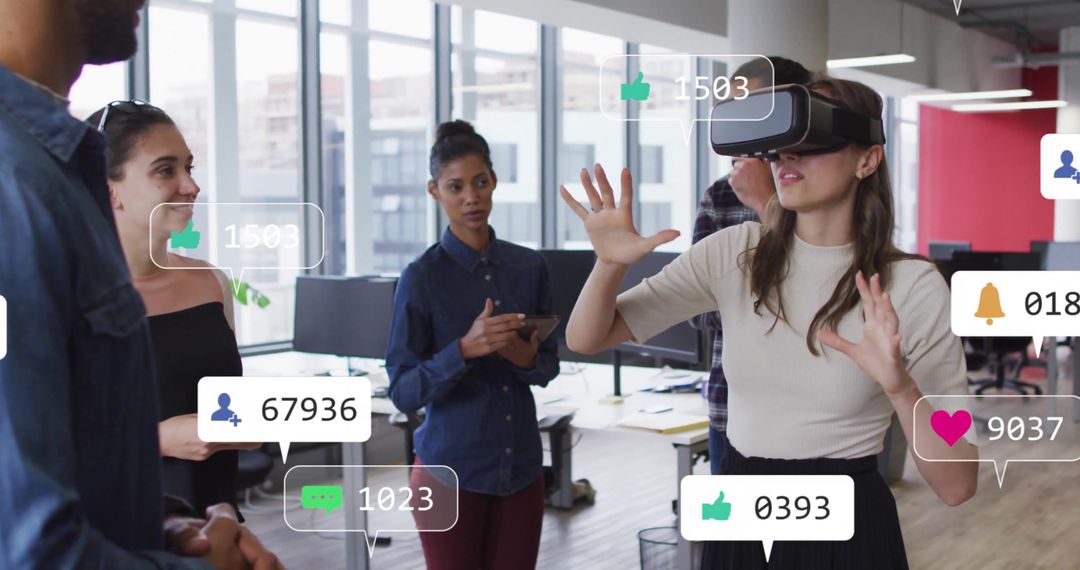 Innovative Team Engaging with VR and Digital Interaction Information Icons