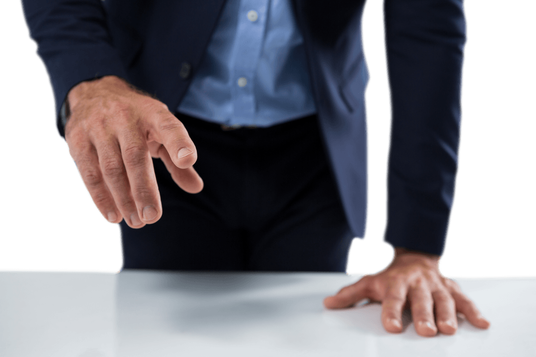 Transparent Business Gesture on Wooden Table by Man in Suit