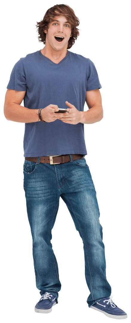 Transparent Enthusiastic Young Student Holding Smartphone