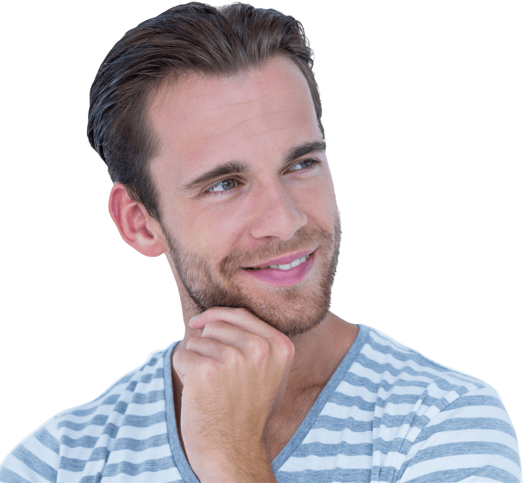 Transparent Smiling Man Looking Thoughtful Away Stripe Shirt