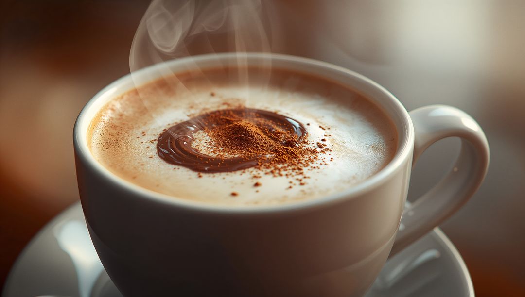 Steaming Cappuccino with Cocoa Swirl in Ceramic Cup
