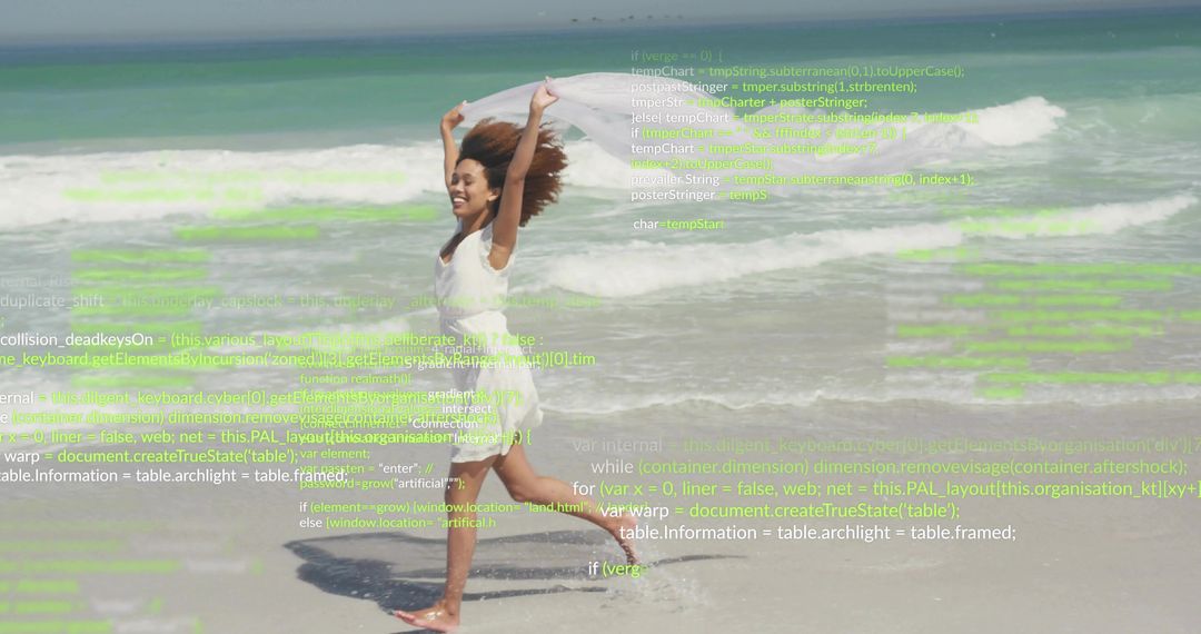Woman in white dress running on beach with digital code overlay
