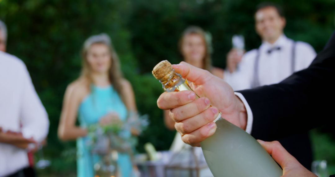 Man Opening Champagne Bottle at Outdoor Celebration