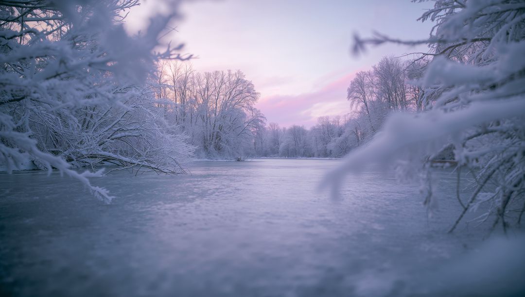 Frozen River in Snowy Forest at Dawn with Frosted Branches