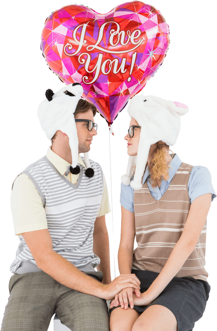 Geeky Couple with Transparent Love Balloon and Fun Hats