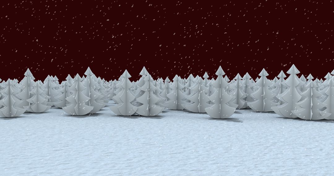 Winter Wonderland with Snowy Fir Trees Against Maroon Sky