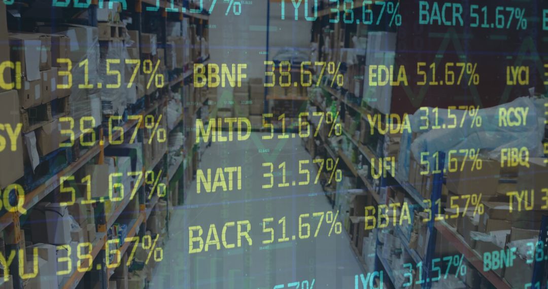 Stock Market Data Overlay on Empty Warehouse Shelves