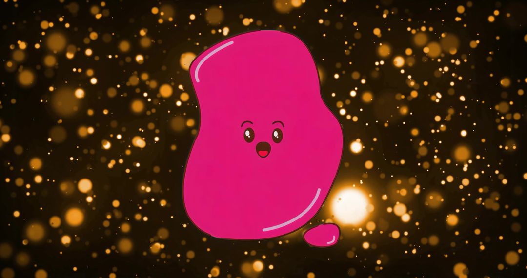 Floating Pink Blob Character Glowing Among Golden Bokeh Lights Playful Surreal Cartoon