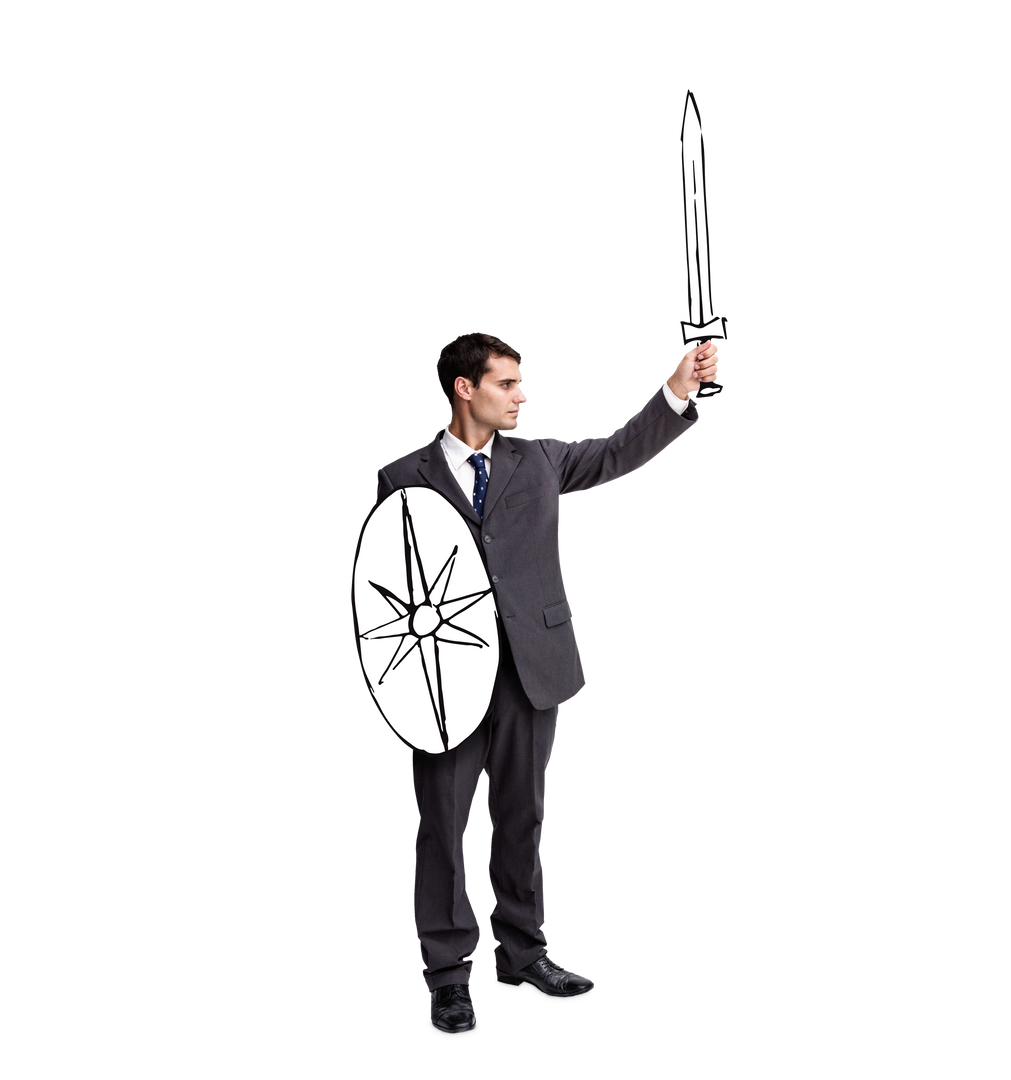 Caucasian Businessman with Sword and Shield on Transparent Background - Download Free Stock Images Pikwizard.com