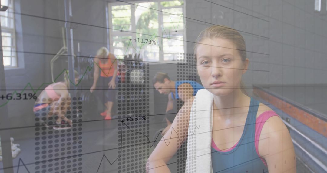 Determined Woman in Gym with Progress Chart Overlay