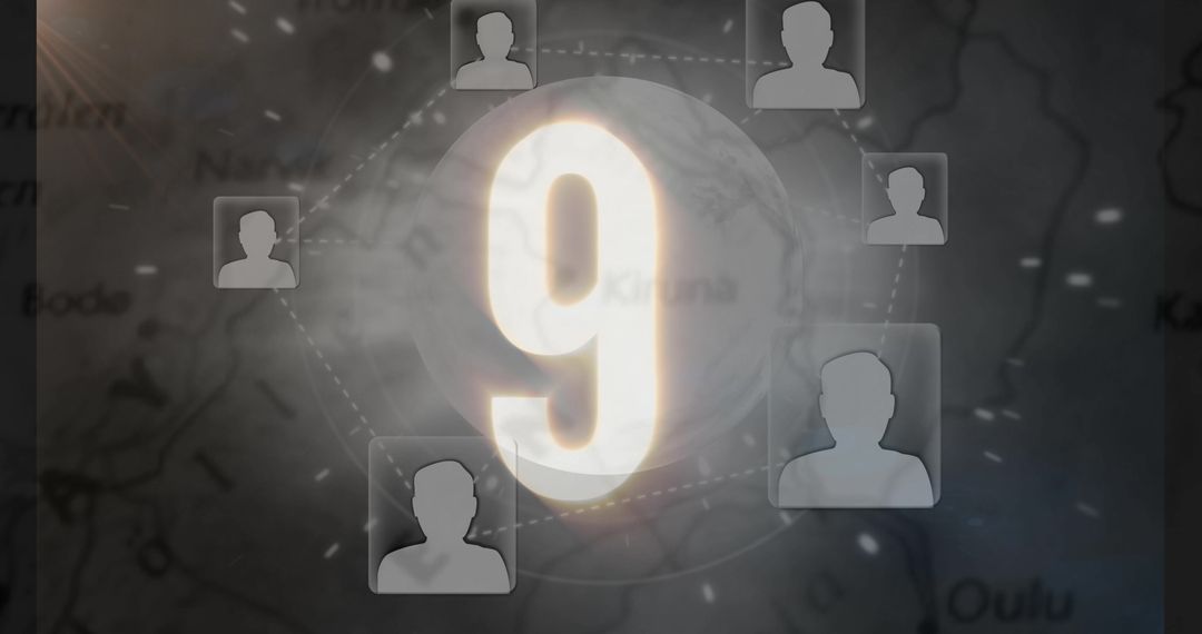 Glowing Number Nine Illuminates Digital Network and Global Map