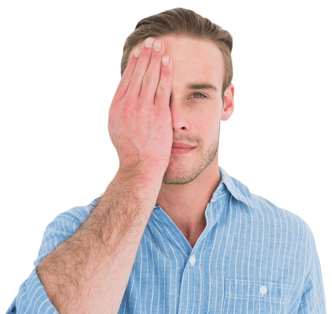 Transparent Unsmiling Man Covering Eye