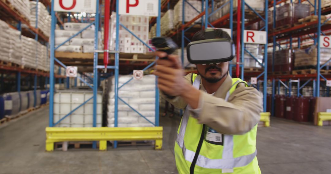 Manual Worker Using Virtual Reality Headset in Warehouse - Free Images, Stock Photos and Pictures on Pikwizard.com