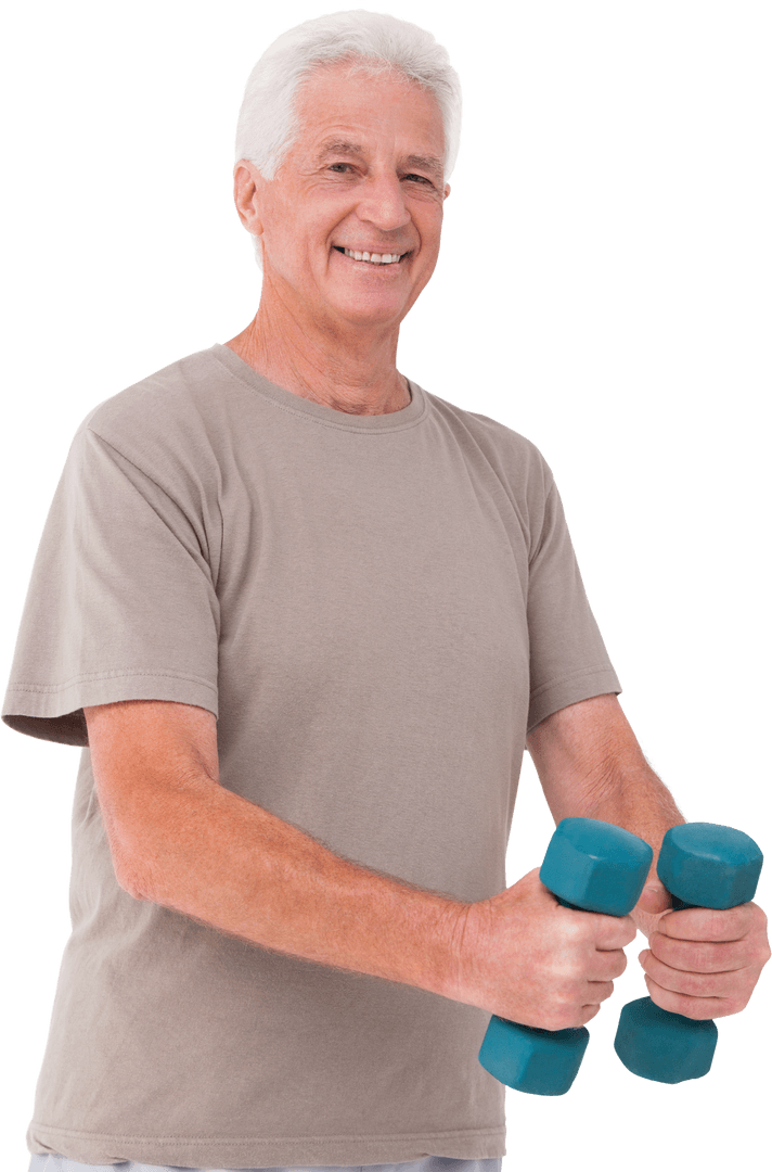 Senior Man Smiling While Lifting Weights on Transparent Background