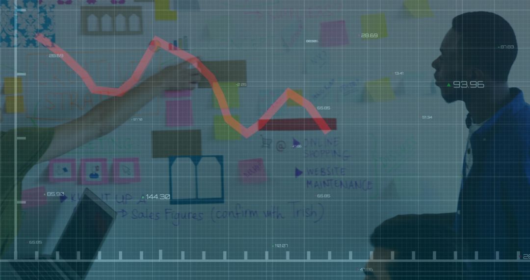 Declining Market Chart Overlay on Business Team Discussing Strategy