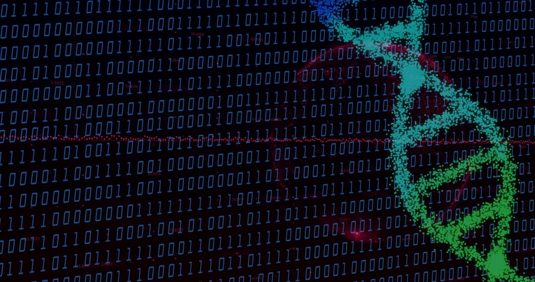 DNA Strand Amid Binary Code Representing Genetic Data