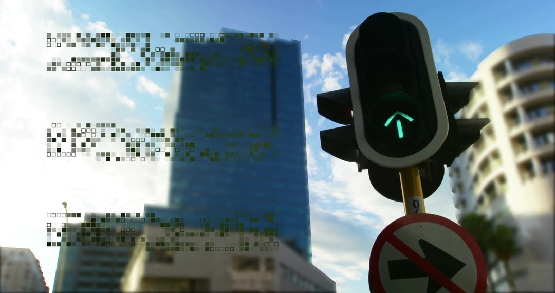 Digital Data Overlay on Cityscape Featuring Traffic Light