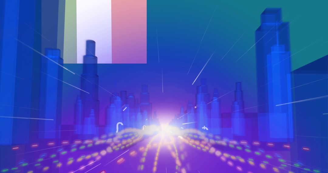 Digital Cityscape with Futuristic Light Trails and Tech Icons