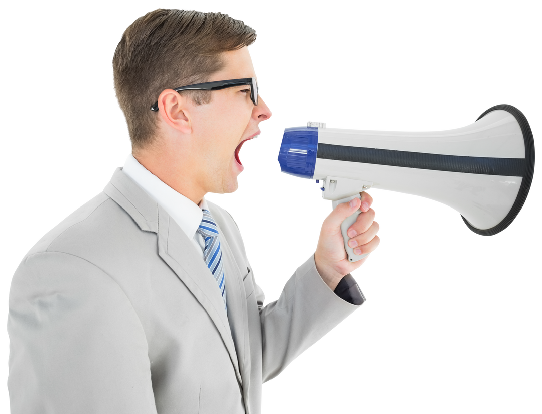 Transparent businessman shouting through megaphone wearing suit and glasses - Download Free Stock Images Pikwizard.com