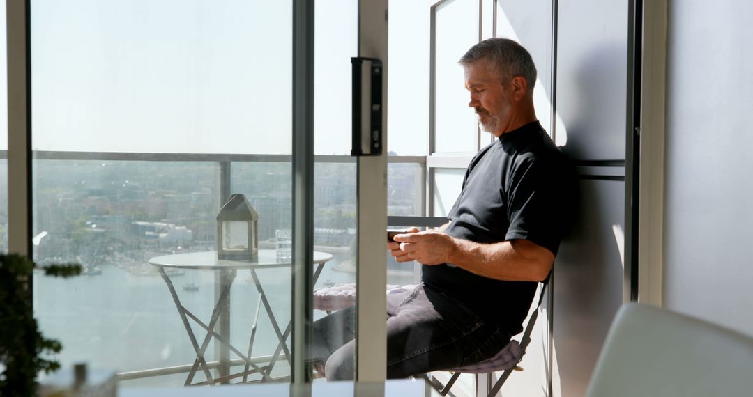 Senior Man Relaxing and Texting on Apartment Balcony - Free Images, Stock Photos and Pictures on Pikwizard.com