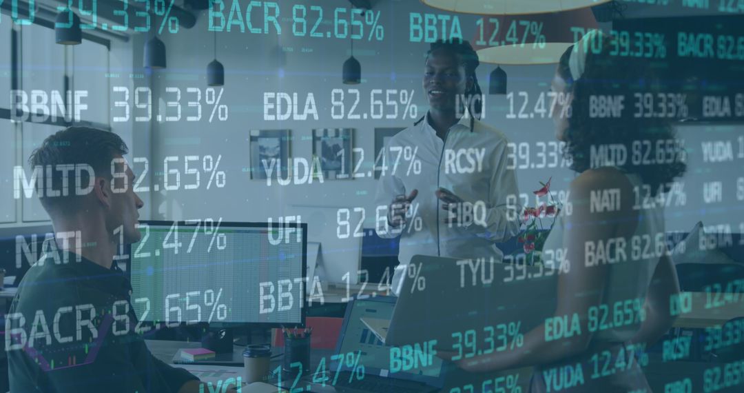 Collaborative Team Meeting in Office with Stock Market Projections
