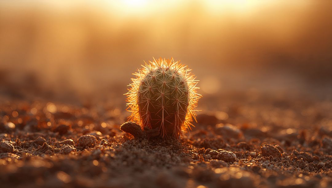 Small Barrel Cactus in Golden Light on Desert Soil