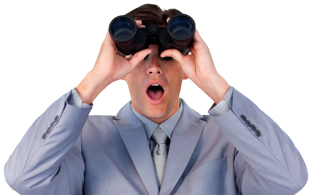 Transparent Surprised Businessman Holding Binoculars with Open Mouth - Download Free Stock Images Pikwizard.com