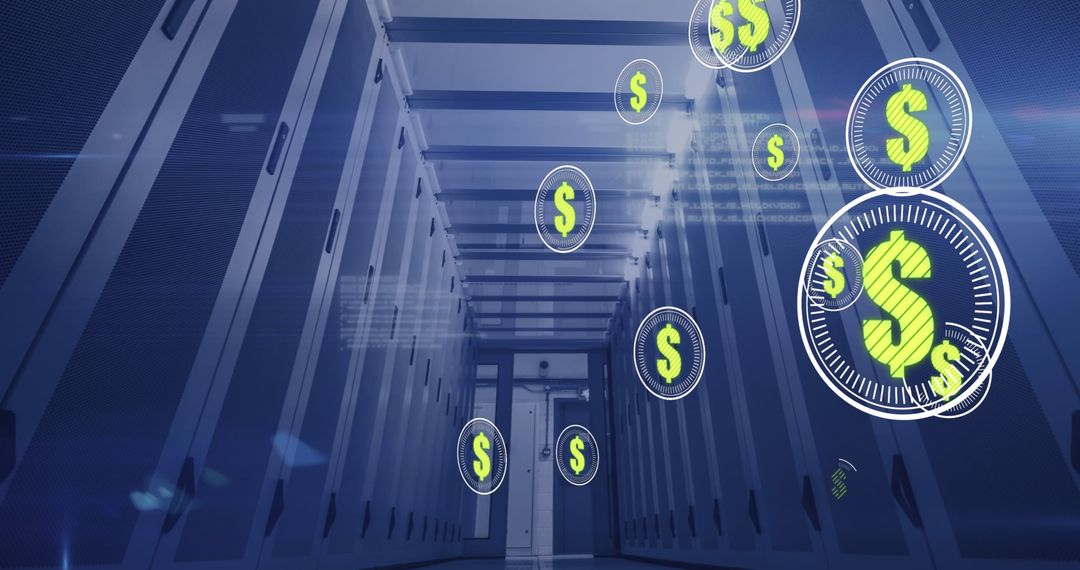 Digital Currency Concept with Floating Dollar Symbols in Server Room