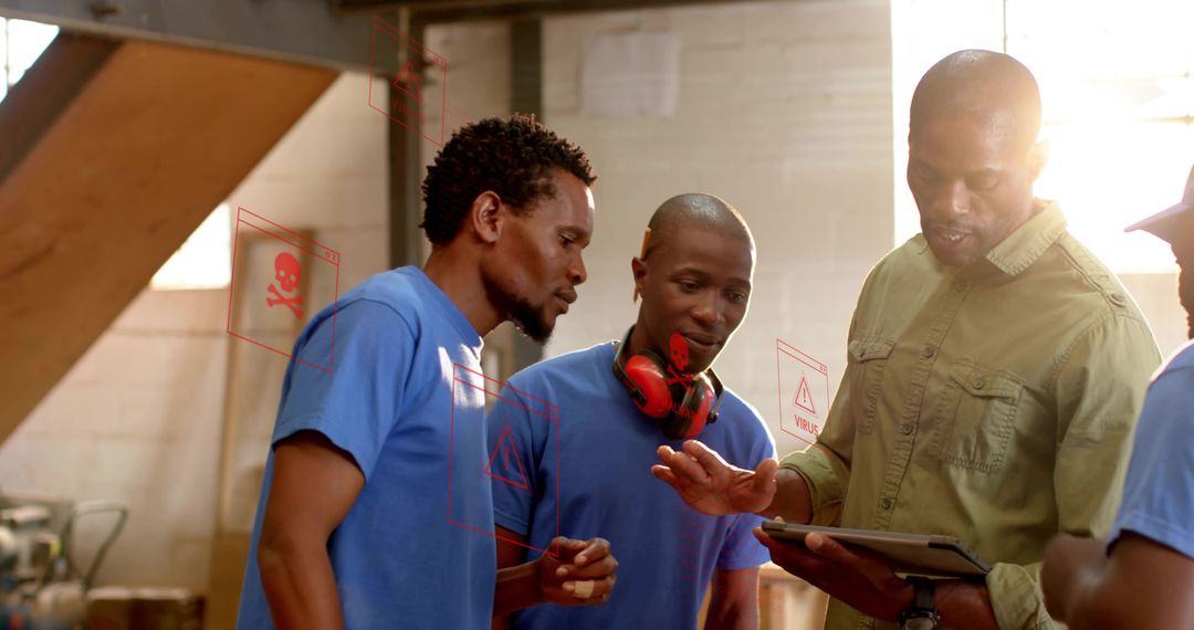 Industrial supervisor guiding production team using tablet for safety training