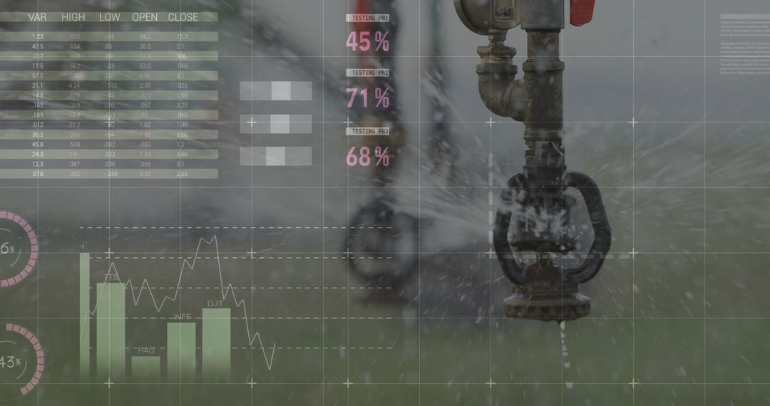 Irrigation System Watering Grass with Finance Data Visual Overlay