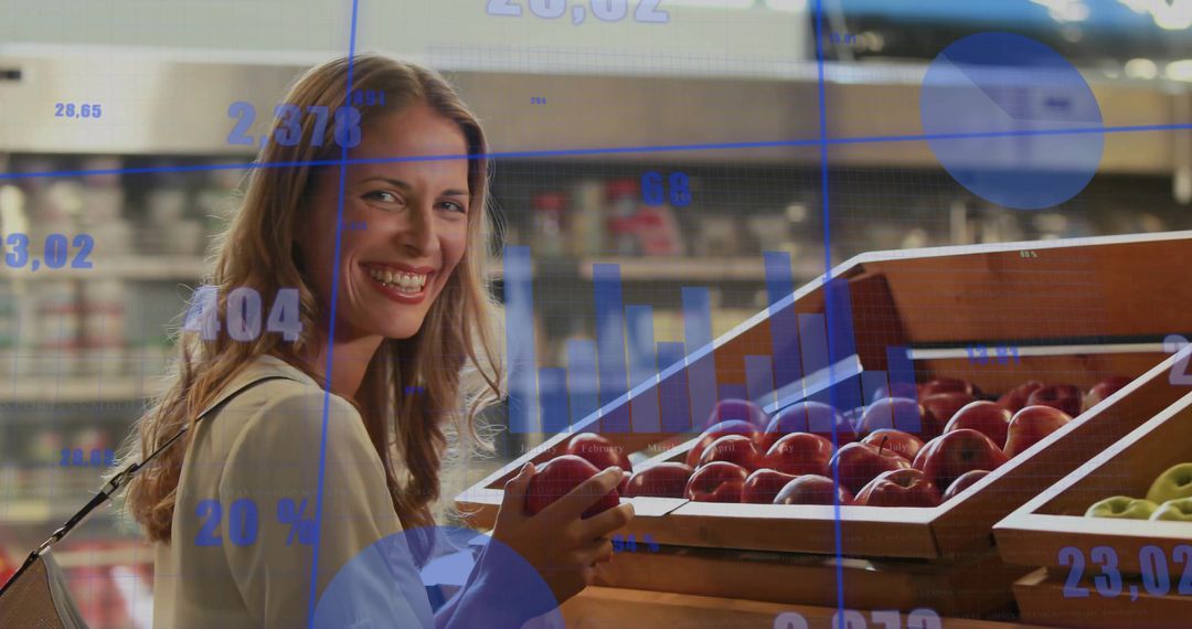 Smiling Woman in Supermarket Analyzing Digital Data