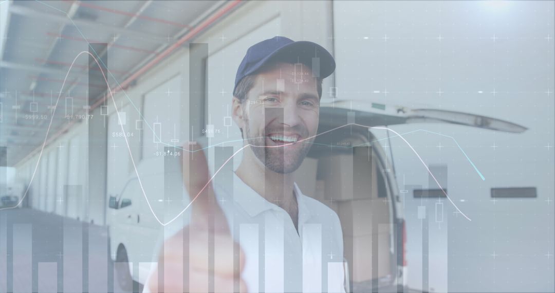 Smiling Delivery Man with Van and Financial Graph Overlay